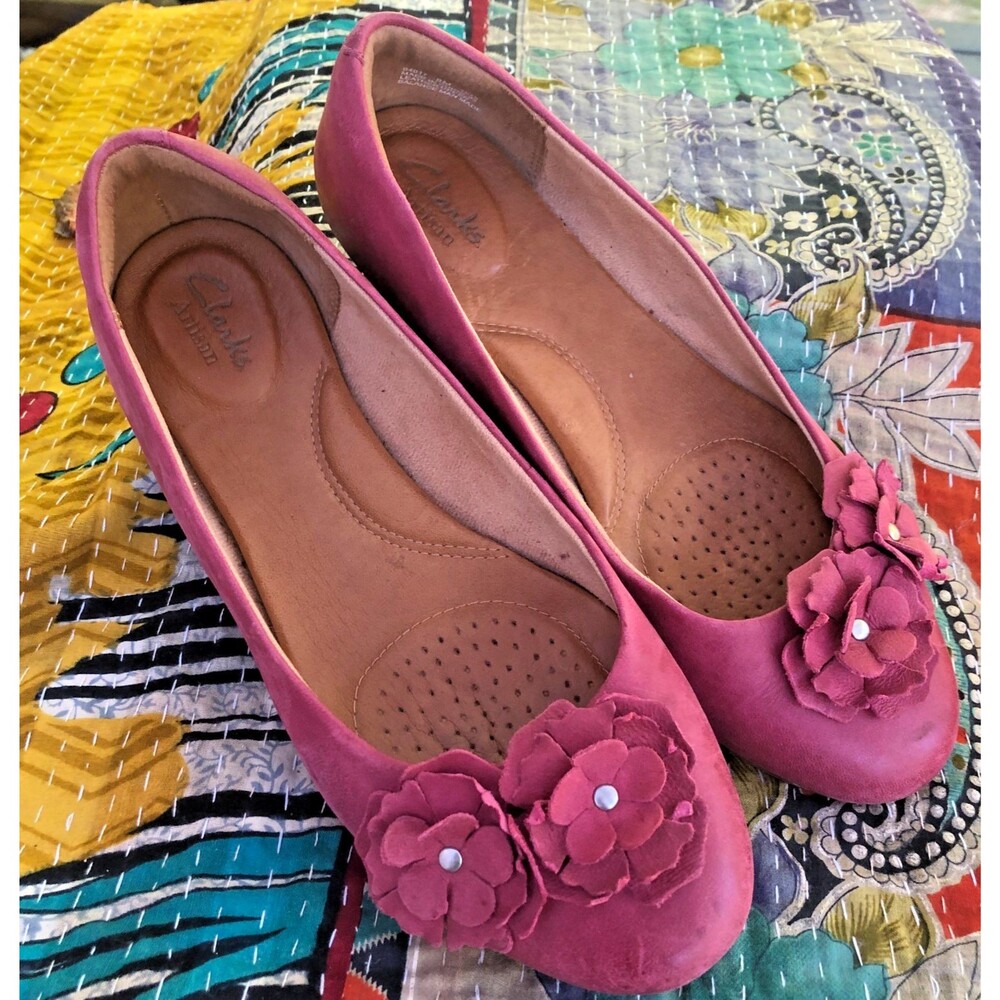 Clarks Artisan Ballet Flats Pink Leather 3D Floral Applique Womens 8M
